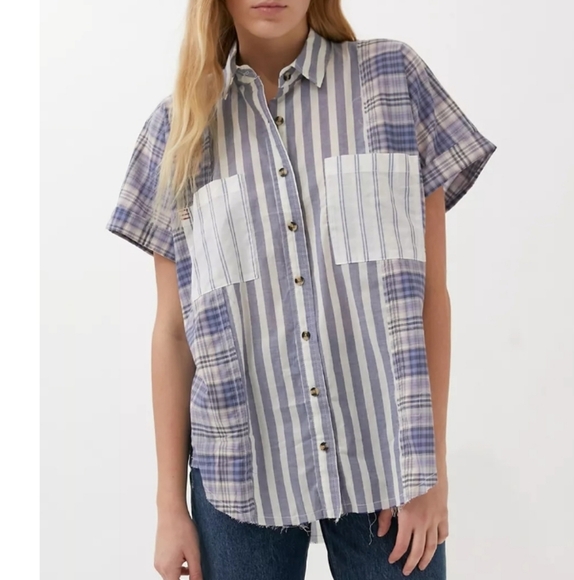 Urban Outfitters BDG Stevie Spliced Button Down Shirt Short Sleeve Relaxed Blue - Picture 1 of 14